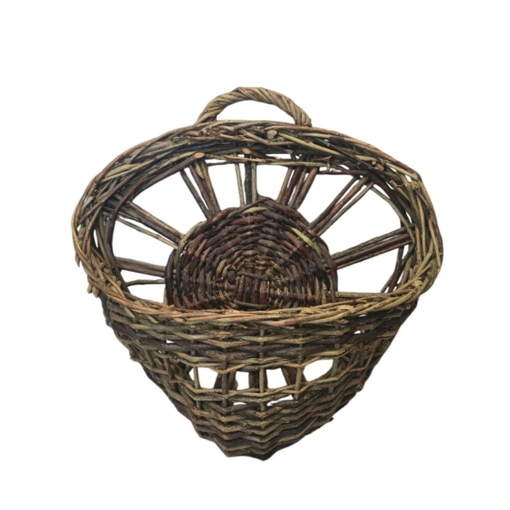 Vintage Wicker Wall Pocket Basket with Sunburst Design Hanging Willow Basket